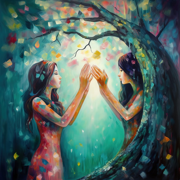 Uma pintura de duas mulheres com cabelos longos e uma com uma árvore ao fundo.