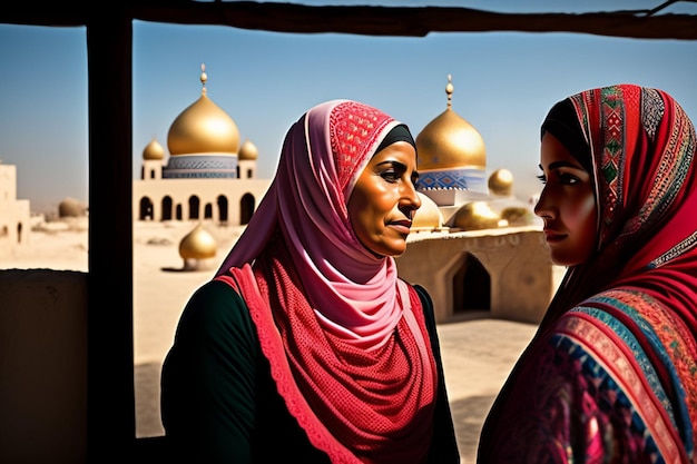 Uma pintura de duas mulheres em frente a uma cúpula de uma mesquita.