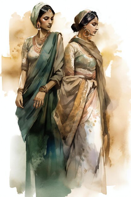 Uma pintura de duas mulheres em saree verde e a palavra mahabalipuram à esquerda.