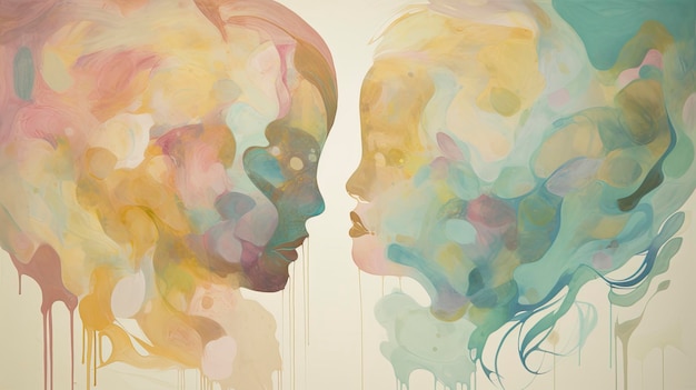 Uma pintura de duas mulheres se encarando com as palavras 'amor' no canto inferior direito.