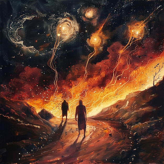 uma pintura de duas pessoas em uma estrada com um fogo no fundo