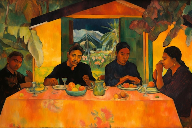 uma pintura de duas pessoas em uma mesa com comida e uma toalha amarela.