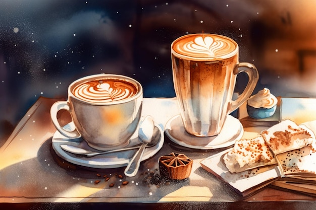 Uma pintura de duas xícaras de café com um pedaço de bolo na mesa.