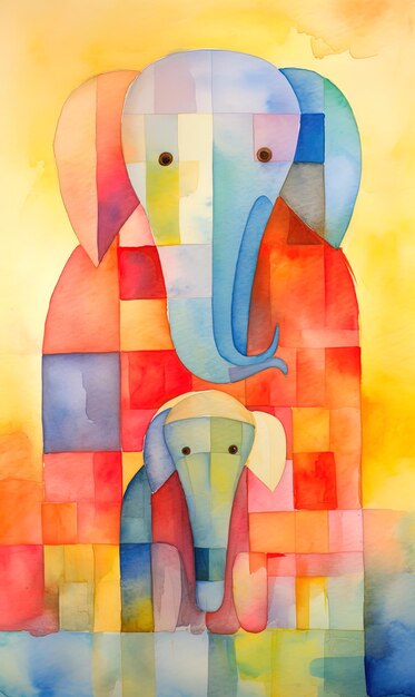 uma pintura de elefantes e um bebê com um fundo amarelo