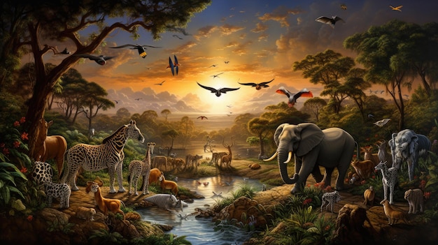 uma pintura de elefantes e zebras em uma paisagem com pássaros voando acima.