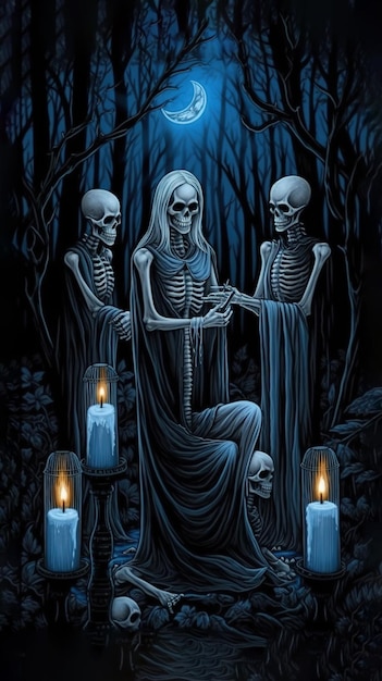 Uma pintura de esqueletos no escuro