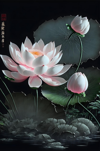 Uma pintura de estilo chinês de uma flor de lótus