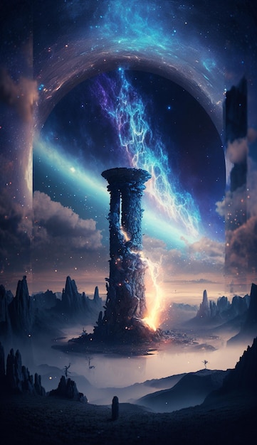 Uma pintura de fantasia de um pilar com uma chama azul nele.