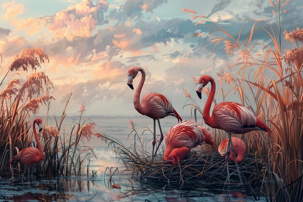 uma pintura de flamingos na grama com o céu ao fundo