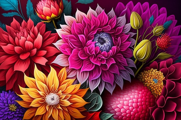 Uma pintura de flor colorida com uma folha nela