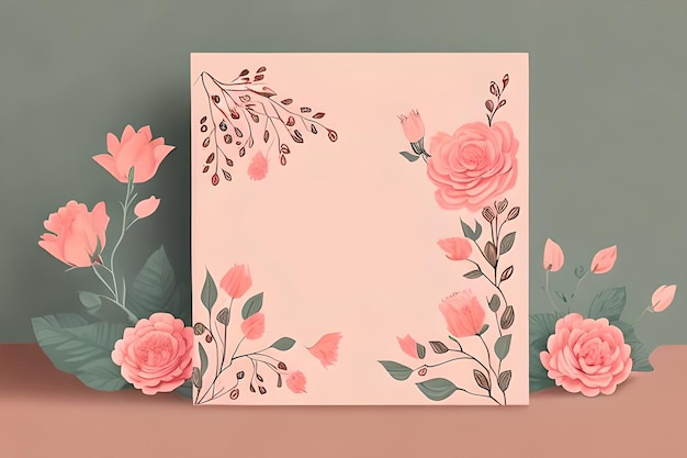 Uma pintura de flor rosa com um fundo verde e uma flor rosa nele.