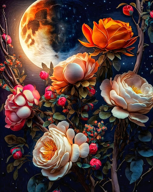 Uma pintura de flores com a lua ao fundo