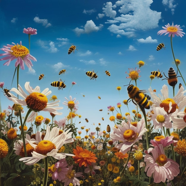 Uma pintura de flores com abelhas voando no ar