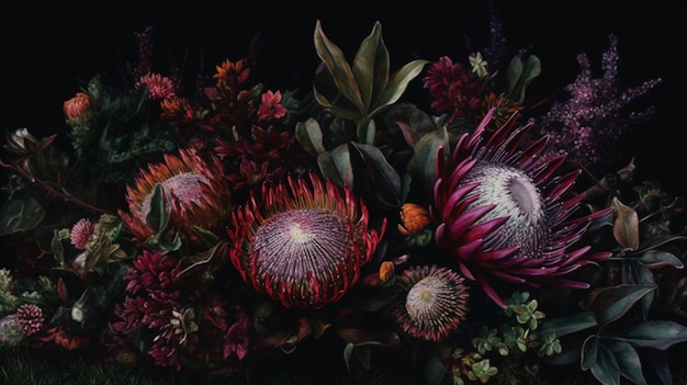 Uma pintura de flores com as palavras rei protea sobre ela