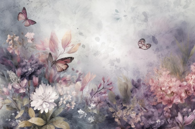 Uma pintura de flores com borboletas