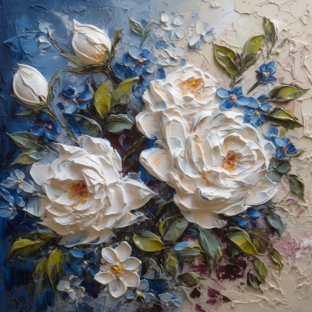 Uma pintura de flores com flores e folhas azuis.