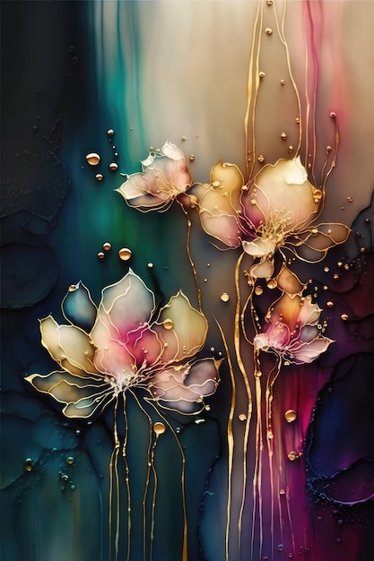 Uma pintura de flores com gotas de ouro no fundo.