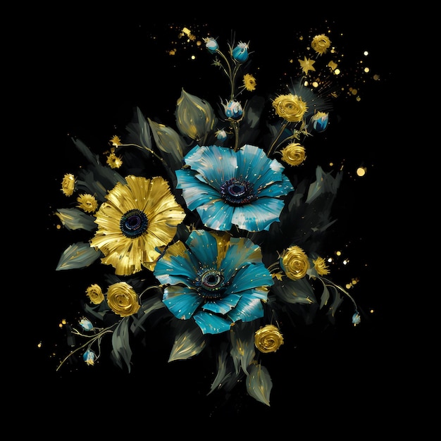 Uma pintura de flores com tinta dourada