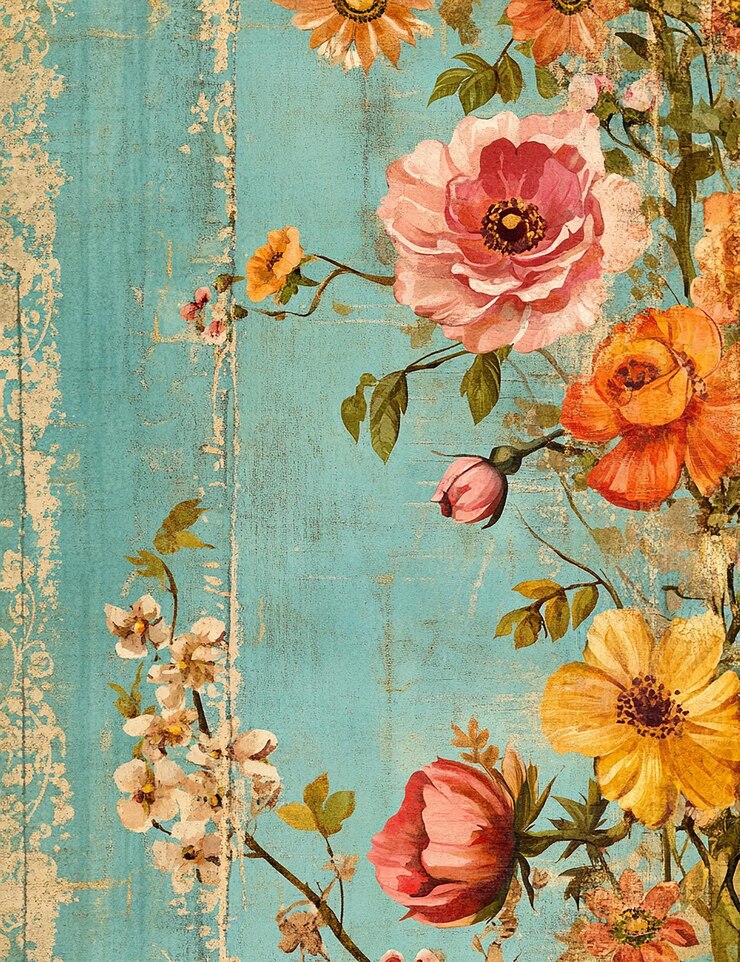 Foto uma pintura de flores com um fundo azul com uma flor amarela