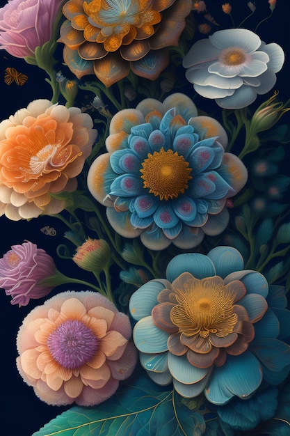 Uma pintura de flores com um fundo azul