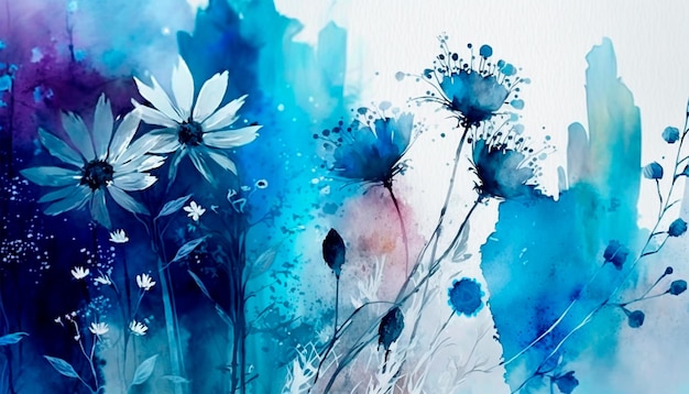 Uma pintura de flores com um fundo azul