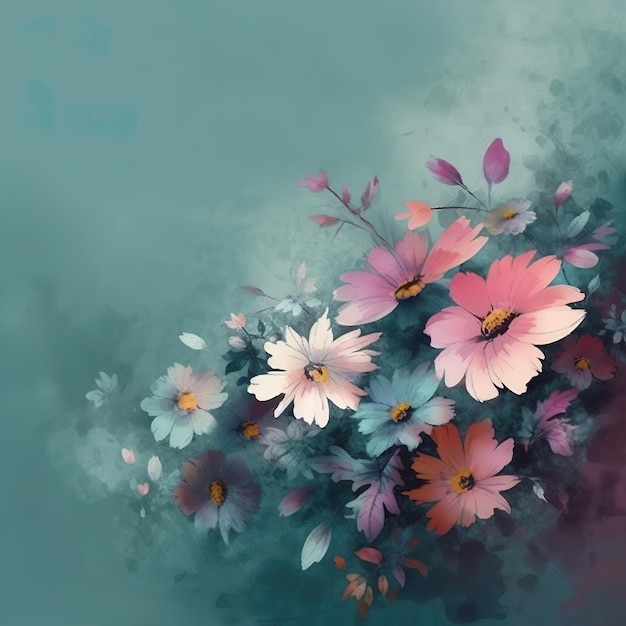 Uma pintura de flores com um fundo azul