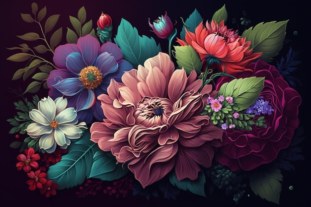 Uma pintura de flores com um fundo preto