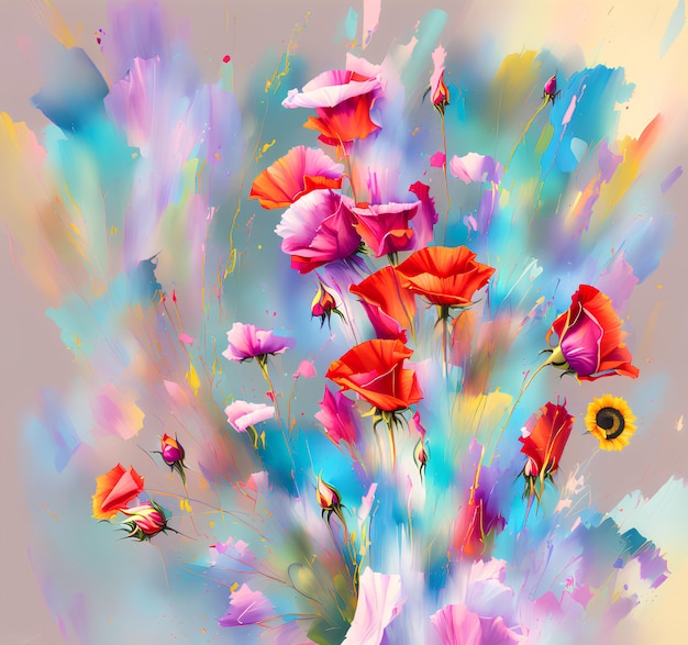 Uma pintura de flores com um girassol nele
