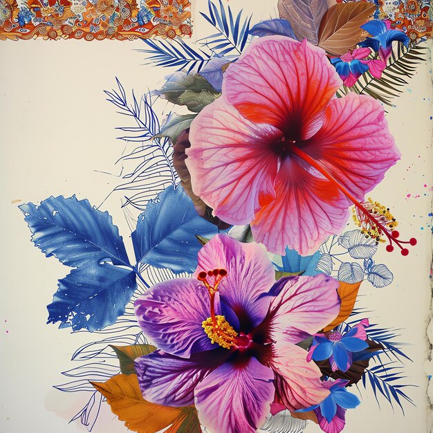 Foto uma pintura de flores com um hibisco azul e rosa