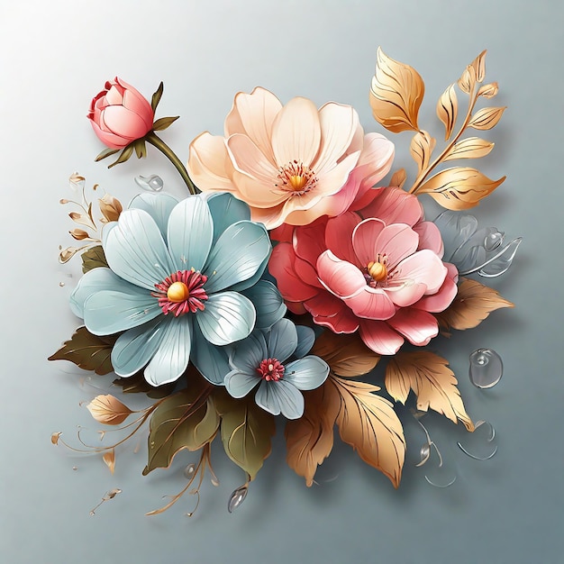 uma pintura de flores com um pássaro no topo