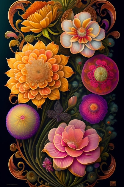 Uma pintura de flores com uma borboleta no fundo.