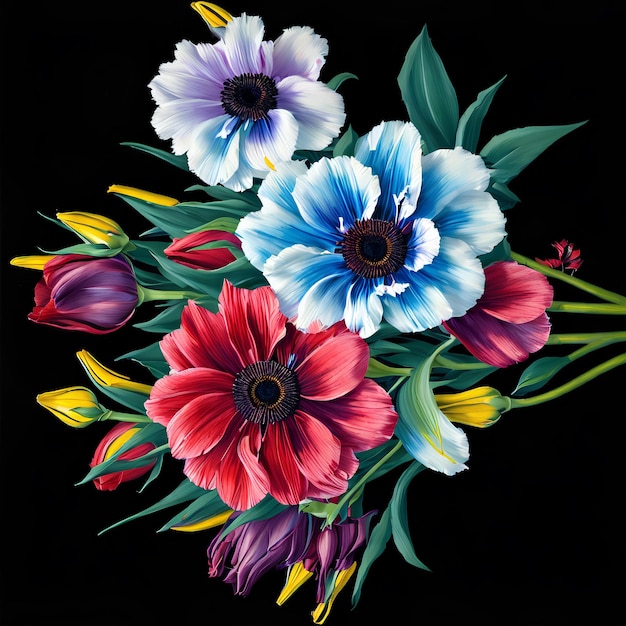 Uma pintura de flores com uma flor azul, branca e vermelha.