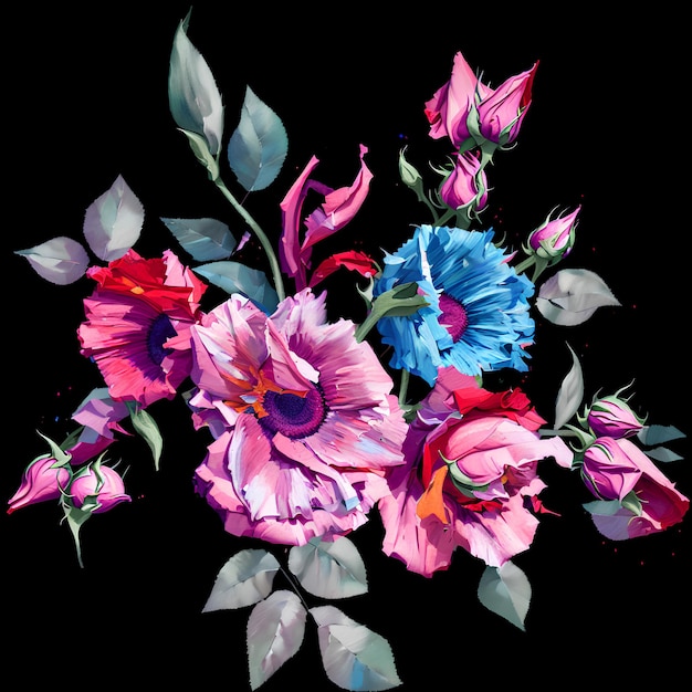Uma pintura de flores com uma flor azul e rosa nela.