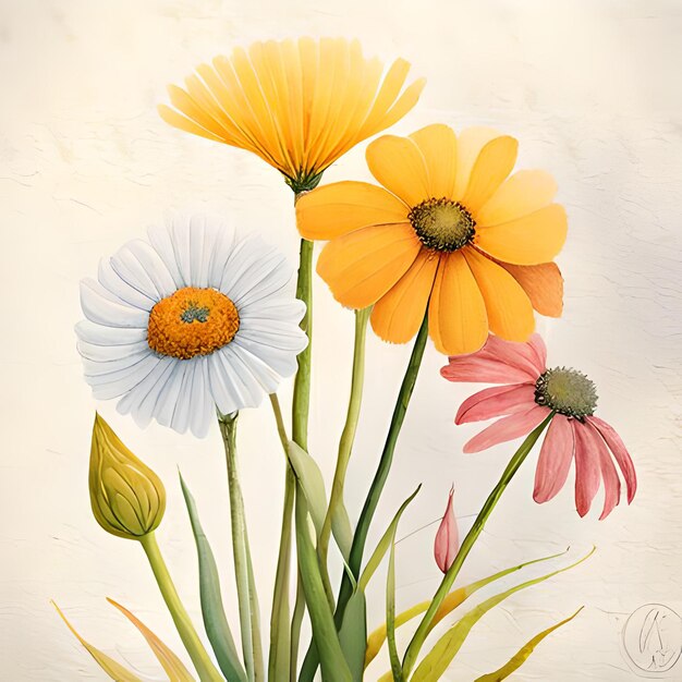 Uma pintura de flores com uma flor branca e amarela.