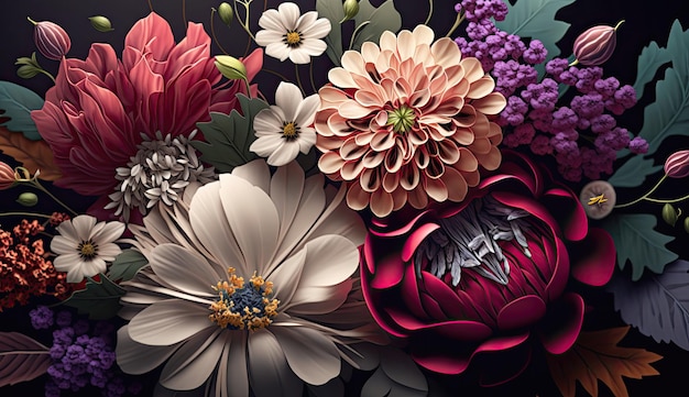 Uma pintura de flores com uma flor roxa à esquerda