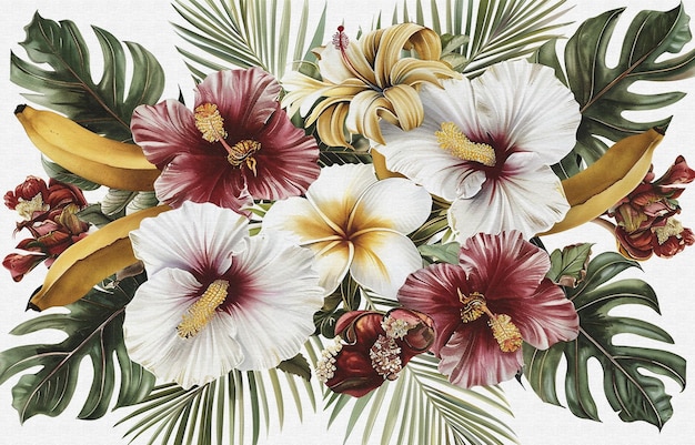 uma pintura de flores com uma folha de palmeira e um topo amarelo
