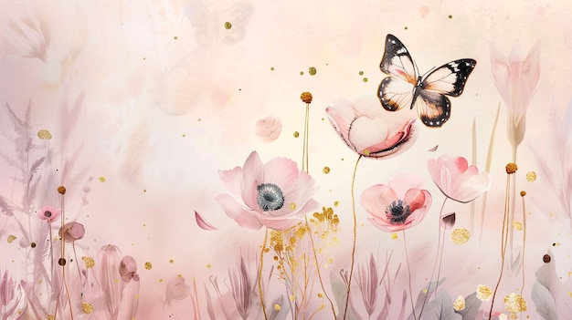 uma pintura de flores cor-de-rosa e borboletas com um fundo rosa