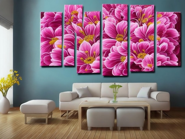 Uma pintura de flores cor de rosa é exibida em uma parede.