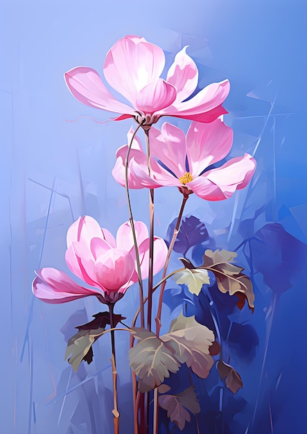 uma pintura de flores cor de rosa sobre um fundo azul Pintura a guache Ciclâmen ultra violeta Perfeito para