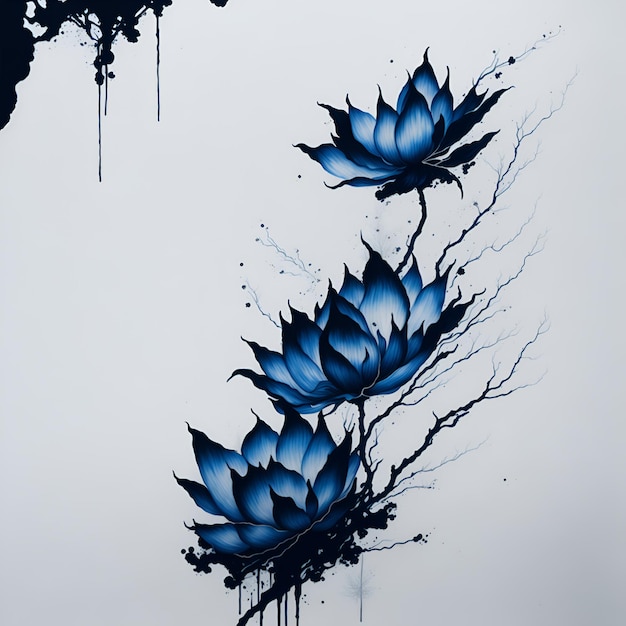 Uma pintura de flores de lótus azuis sobre um fundo branco.