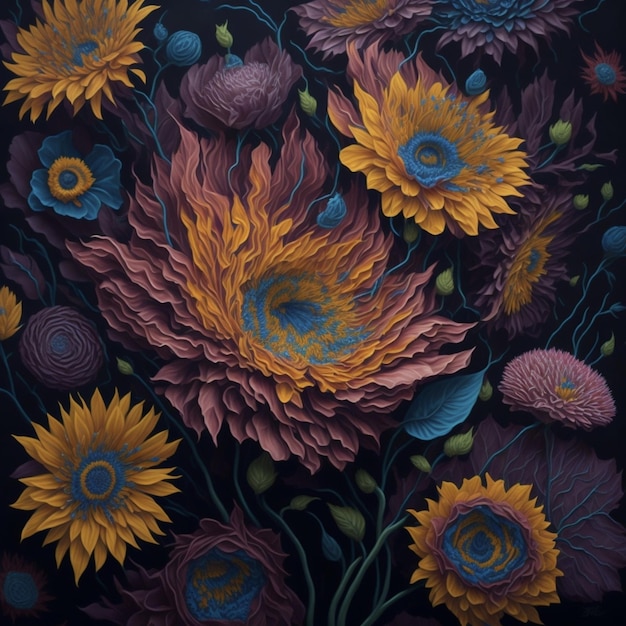Uma pintura de flores e folhas com a palavra arte