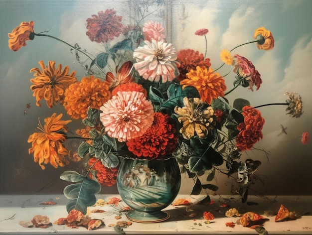 Uma pintura de flores e folhas com um vaso de flores sobre uma mesa.