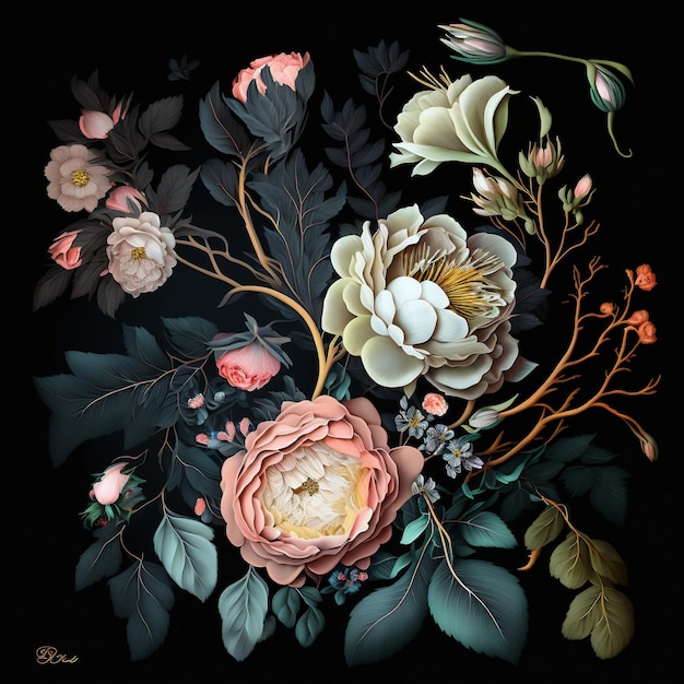 Uma pintura de flores e folhas em uma IA generativa de fundo preto
