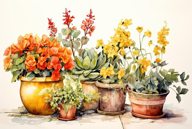 uma pintura de flores e plantas com flores laranjas