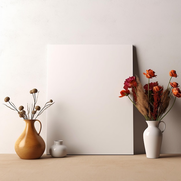 uma pintura de flores e um quadro branco na frente de um fundo branco.