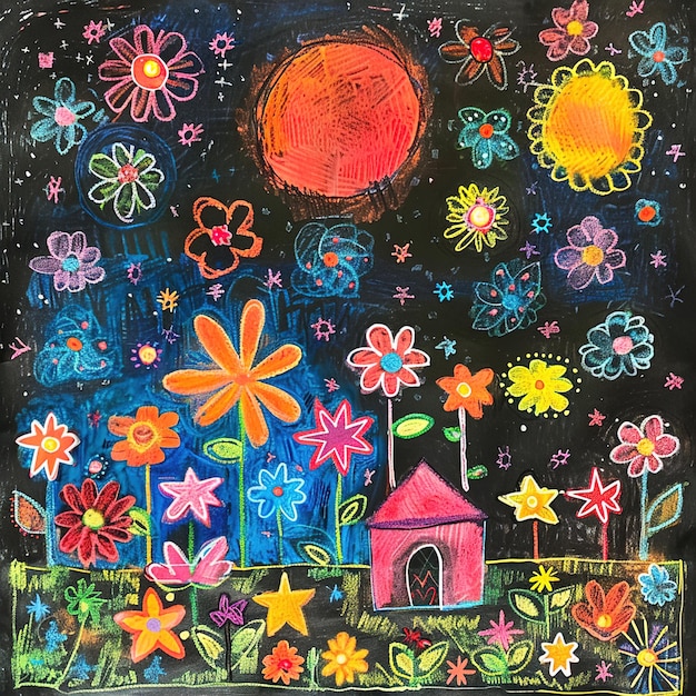 uma pintura de flores e uma casa com uma casa no fundo