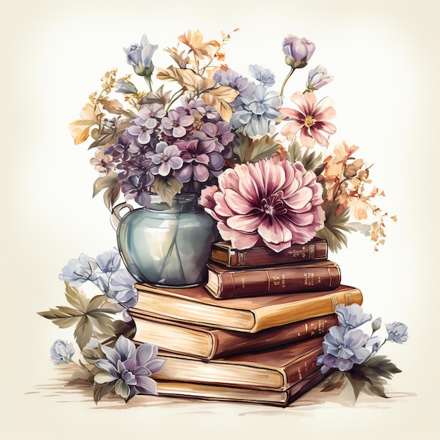 uma pintura de flores e uma pilha de livros com um vaso de flores.