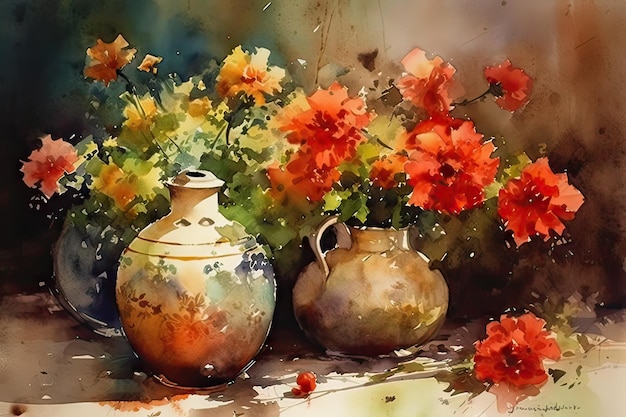 Uma pintura de flores e vasos do artista