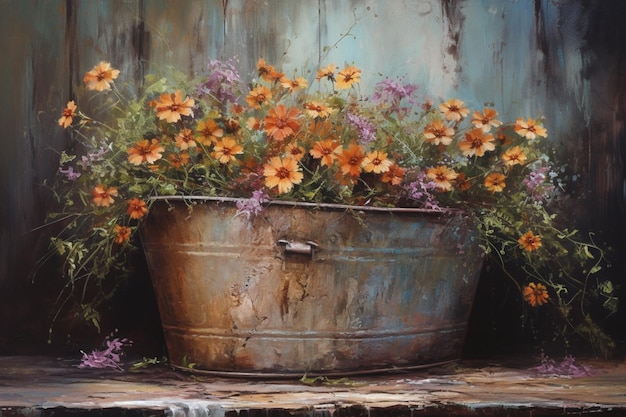 Uma pintura de flores em um balde