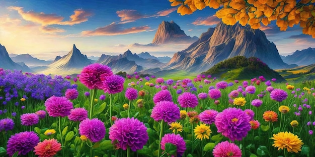 Uma pintura de flores em um campo com montanhas ao fundo